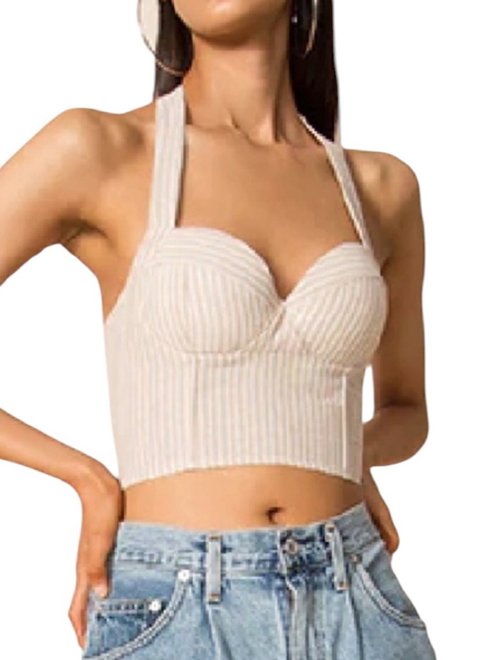 Revolve Superdown Rudy Halter Top Beige White Striped Womens Medium NEW With Tag